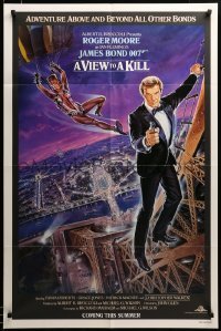 2z648 VIEW TO A KILL advance 1sh '85 art of Roger Moore & Jones by Goozee over purple background!