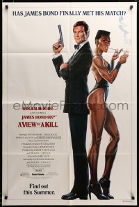 2z649 VIEW TO A KILL advance 1sh '85 art of Roger Moore & Jones by Goozee over white background!