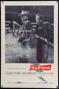 3a187 3:10 TO YUMA linen 1sh '57 full-length Glenn Ford & Van Heflin, from Elmore Leonard's story!