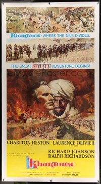 3a033 KHARTOUM linen Cinerama 3sh '66 art of Charlton Heston & Laurence Olivier by Frank McCarthy!