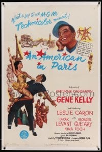 3a190 AMERICAN IN PARIS linen 1sh '51 wonderful art of Gene Kelly dancing with sexy Leslie Caron!