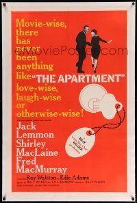 3a193 APARTMENT linen 1sh '60 Billy Wilder, Jack Lemmon, Shirley MacLaine, cool key-in-lock art!