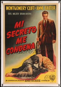 3a083 I CONFESS linen Argentinean '57 art of Montgomery Clift standing over Anne Baxter, Hitchcock!