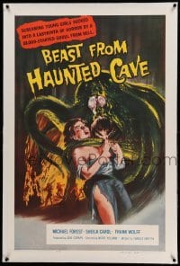 3a197 BEAST FROM HAUNTED CAVE linen 1sh '59 uncensored art of monster with sexy near-naked victim!