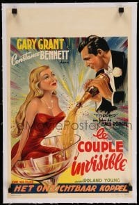 3a142 TOPPER linen Belgian R50s art of Cary Grant & sexy Constance Bennett in champagne glass!