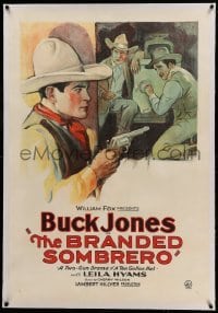 3a205 BRANDED SOMBRERO linen 1sh '28 art of Buck Jones stopping bad guys from robbing safe, rare!