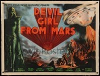 3a119 DEVIL GIRL FROM MARS linen British quad '55 Robb art of Earth menaced by female alien & robot!