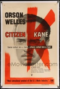 3a220 CITIZEN KANE linen 1sh R56 some called Orson Welles a hero, others called him a heel!