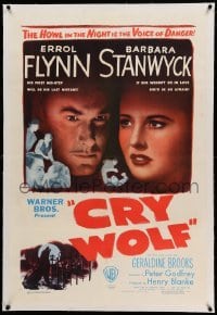 3a227 CRY WOLF linen 1sh '47 Barbara Stanwyck wouldn't be so afraid if she didn't love Errol Flynn!