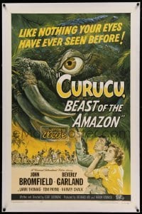 3a228 CURUCU, BEAST OF THE AMAZON linen 1sh '56 Universal horror, cool monster art by Reynold Brown!