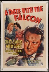 3a234 DATE WITH THE FALCON linen 1sh '41 art of detective George Sanders & Barrie + shooting gun!