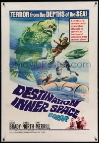 3a237 DESTINATION INNER SPACE linen 1sh '66 terror from the depths of the sea, cool monster image!