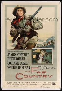 3a254 FAR COUNTRY linen 1sh '55 cool art of James Stewart with rifle, directed by Anthony Mann!