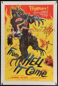 3a266 FROM HELL IT CAME linen 1sh '57 classic artwork of wacky tree monster holding sexy girl!