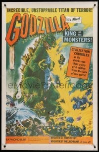 3a275 GODZILLA linen 1sh '56 Gojira, great art of the unstoppable titan of terror, classic sci-fi!