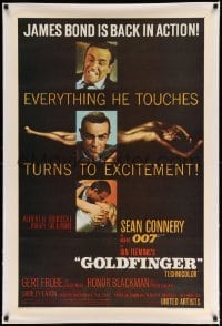 3a276 GOLDFINGER linen 1sh '64 three great images of Sean Connery as James Bond 007, glossy finish!