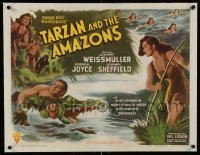 3a183 TARZAN & THE AMAZONS linen 1/2sh '45 art of Johnny Weissmuller, Brenda Joyce & Sheffield!