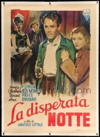 3a014 LONG NIGHT linen Italian 1p '48 Olivetti art of Henry Fonda & Barbara Bel Geddes, ultra rare!