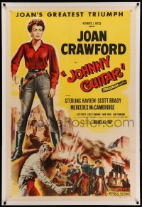 3a305 JOHNNY GUITAR linen 1sh '54 artwork of Joan Crawford reaching for gun, Nicholas Ray classic!