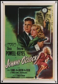 3a306 JOHNNY O'CLOCK linen style B 1sh '46 Dick Powell & sexy Evelyn Keyes by clock, film noir!