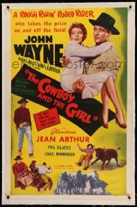 3a316 LADY TAKES A CHANCE linen 1sh R54 Jean Arthur goes west w/ John Wayne, The Cowboy & the Girl!