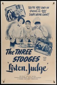 3a320 LISTEN JUDGE linen 1sh '52 Three Stooges Moe, Larry & Shemp as very short-order cooks!