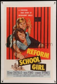 3a379 REFORM SCHOOL GIRL linen 1sh '57 classic AIP bad girl catfight behind bars artwork!