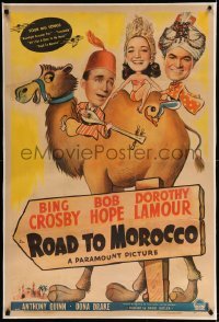 3a384 ROAD TO MOROCCO linen 1sh '42 wacky art of Bob Hope, Bing Crosby & Dorothy Lamour on camel!