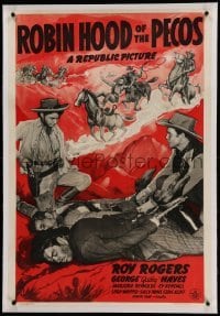 3a386 ROBIN HOOD OF THE PECOS linen 1sh '41 Roy Rogers, King of the Cowboys, Gabby Hayes, cool art!