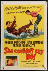 3a397 SHE COULDN'T SAY NO linen 1sh '54 art of sexy short-haired Jean Simmons & Dr. Robert Mitchum!