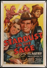 3a409 STARDUST ON THE SAGE linen 1sh '42 great art of Gene Autry w/ guitar, Edith Fellows & Smiley!