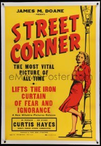 3a411 STREET CORNER linen 1sh '48 early anti-abortion, art of girl in trouble trying to decide!
