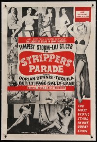 3a412 STRIPPERS PARADE linen 1sh '56 with Tempest Storm, Lili St. Cyr, AND Bettie Page, ultra rare!