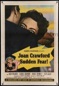 3a413 SUDDEN FEAR linen style B 1sh '52 great close up of terrified Joan Crawford, Jack Palance