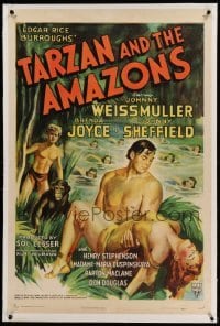 3a417 TARZAN & THE AMAZONS linen 1sh '45 art of Weissmuller, Brenda Joyce & Sheffield, ultra rare!