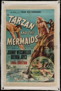 3a421 TARZAN & THE MERMAIDS linen 1sh '48 art of Johnny Weissmuller diving & battling octopus!