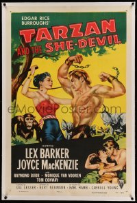 3a422 TARZAN & THE SHE-DEVIL linen 1sh '53 great art of sexy Joyce MacKenzie whipping Lex Barker!