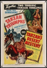 3a424 TARZAN TRIUMPHS/TARZAN'S DESERT MYSTERY linen 1sh '49 terrific Tarzan thrillers, ultra rare!