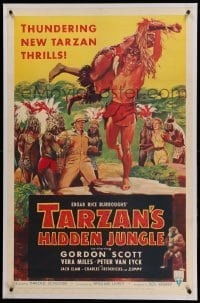3a426 TARZAN'S HIDDEN JUNGLE linen 1sh '55 art of Gordon Scott rescuing Vera Miles, Zippy the chimp!