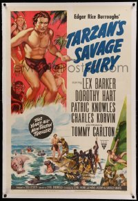 3a428 TARZAN'S SAVAGE FURY linen 1sh '52 art of Lex Barker & Dorothy Hart, Edgar Rice Burroughs