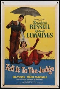 3a431 TELL IT TO THE JUDGE linen 1sh '49 Robert Cummings dumps water on Rosalind Russell!