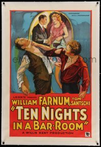 3a432 TEN NIGHTS IN A BARROOM linen style A 1sh '31 Farnum knocks out Santschi & saves his girl!