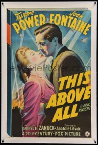 3a435 THIS ABOVE ALL linen style A 1sh '42 Fox stone litho of Tyrone Power kissing Joan Fontaine!