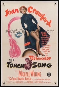 3a438 TORCH SONG linen 1sh '53 unusual art of tough baby Joan Crawford, a wonderful love story!