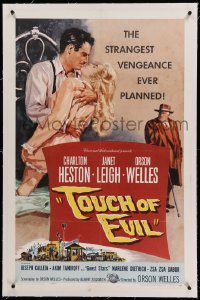 3a439 TOUCH OF EVIL linen 1sh '58 Bob Tollen art of Orson Welles, Charlton Heston & Janet Leigh!