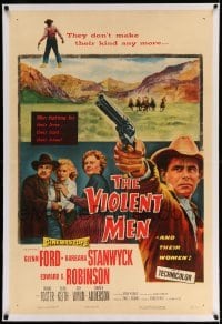3a451 VIOLENT MEN linen 1sh '54 cool art of Glenn Ford, Barbara Stanwyck & Edward G. Robinson!
