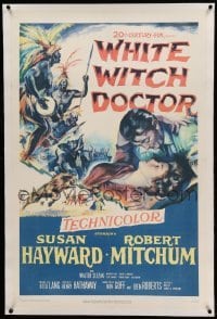 3a458 WHITE WITCH DOCTOR linen 1sh '53 art of Susan Hayward & Robert Mitchum in African jungle!