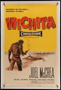 3a459 WICHITA linen 1sh '55 art of Joel McCrea in Kansas, gateway to the West, doorway to Hell!