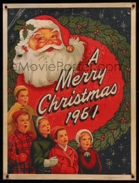 3b010 MERRY CHRISTMAS 1954 30x40 '54 Santa Claus and a wreath over a group of young carolers!