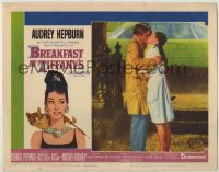 3c374 BREAKFAST AT TIFFANY'S LC #2 '61 c/u of Audrey Hepburn & George Peppard kissing in the rain!